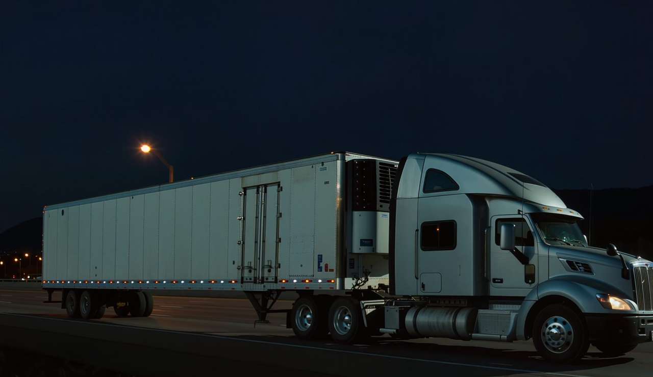 Semi truck pulling a reefer trailer on a highway at night