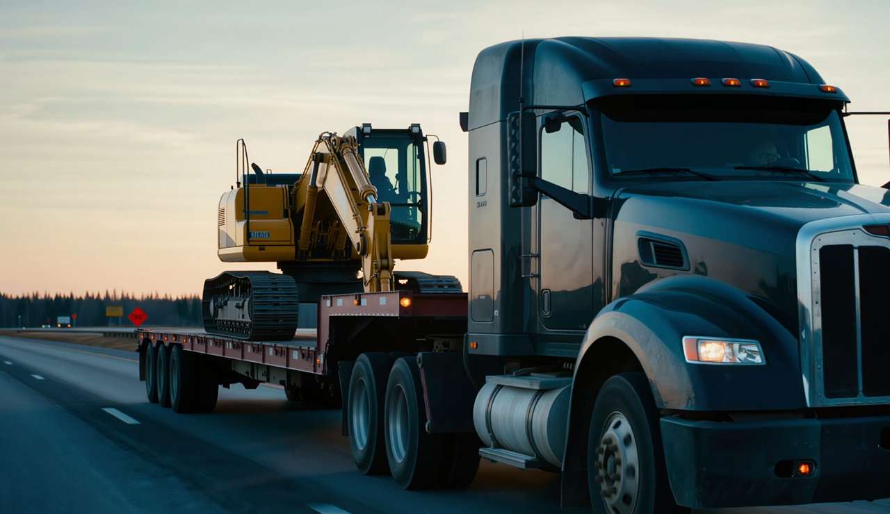 Semi truck pulling a step deck trailer loaded with an excavator at dusk